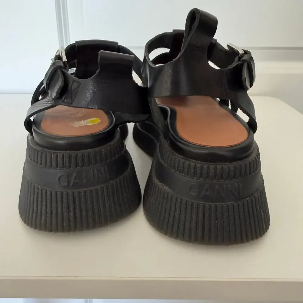 GANNI (US 7 / EU 37) Black Leather Fisherman Sandals Platform Lug Sole Shoes